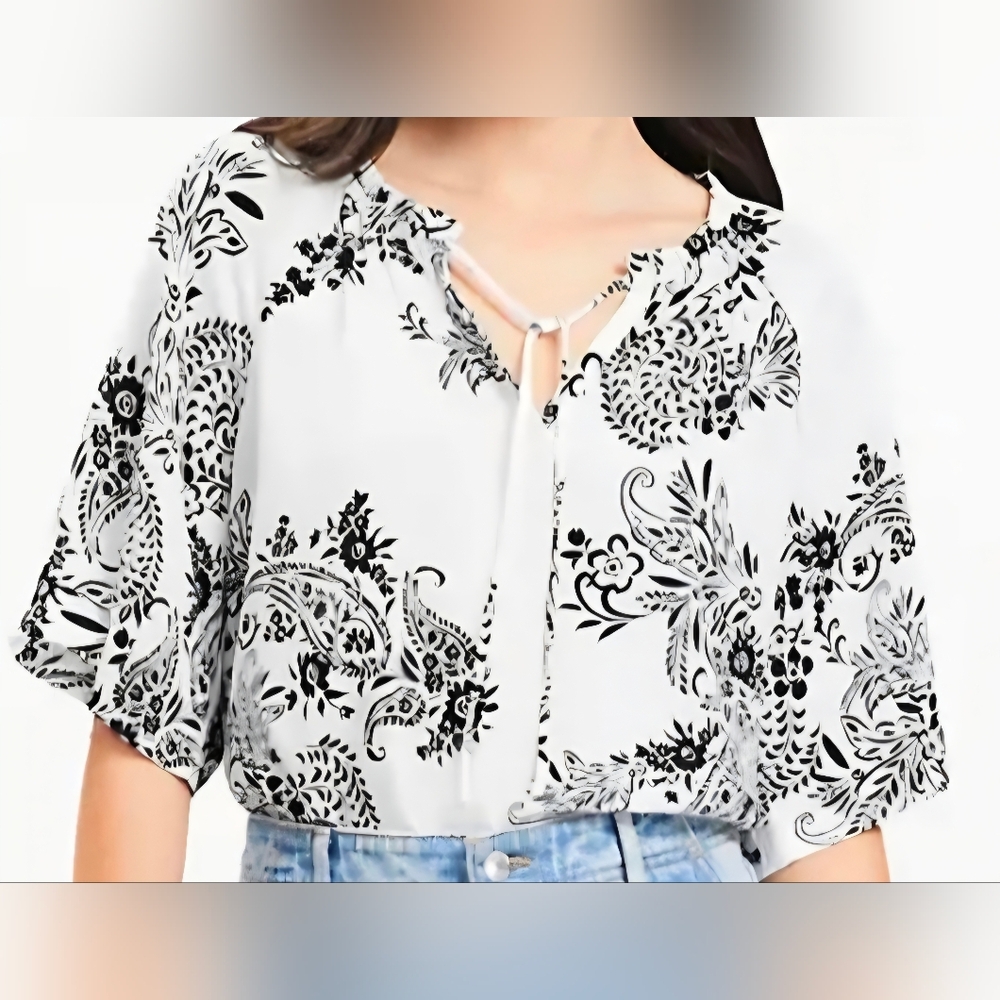 LOFT Garden Tie Neck Mixed Media Blouse, Size MP